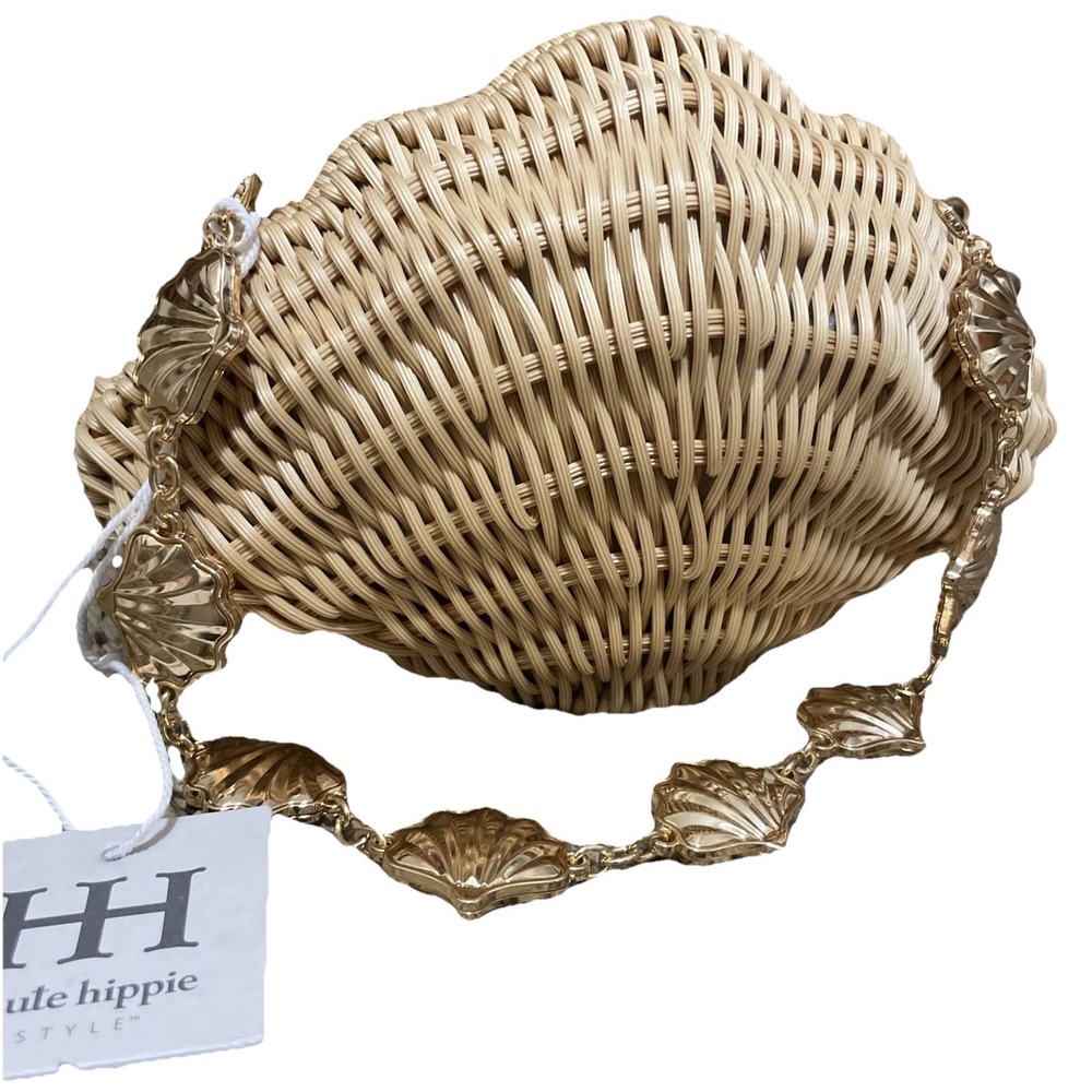 Viral Haute Hippie Shell Bag Seashell Clutch Natural Woven Bag Gold Chain Purse